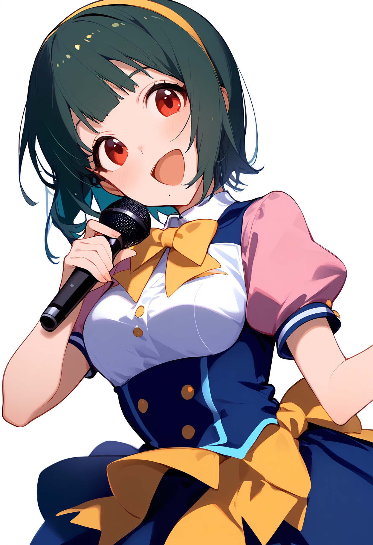 1girl,
otonashi kotori,


mole under mouth, solo, hairband, shirt, blue skirt, microphone, green hair, smile, blush, yellow hairband, skirt, red eyes, looking at viewer, pink shirt, bowtie, short hair, white background, :d, mole, head tilt, short sleeves, bow, puffy sleeves, holding, puffy short sleeves, cowboy shot, white shirt, hand on own chest, yellow bow, open mouth, yellow bowtie, holding microphone,

sfw
<lora:a31_char_new_otonashi_kotori-000022:1> <lora:a31_style_koni-000010:0.8>