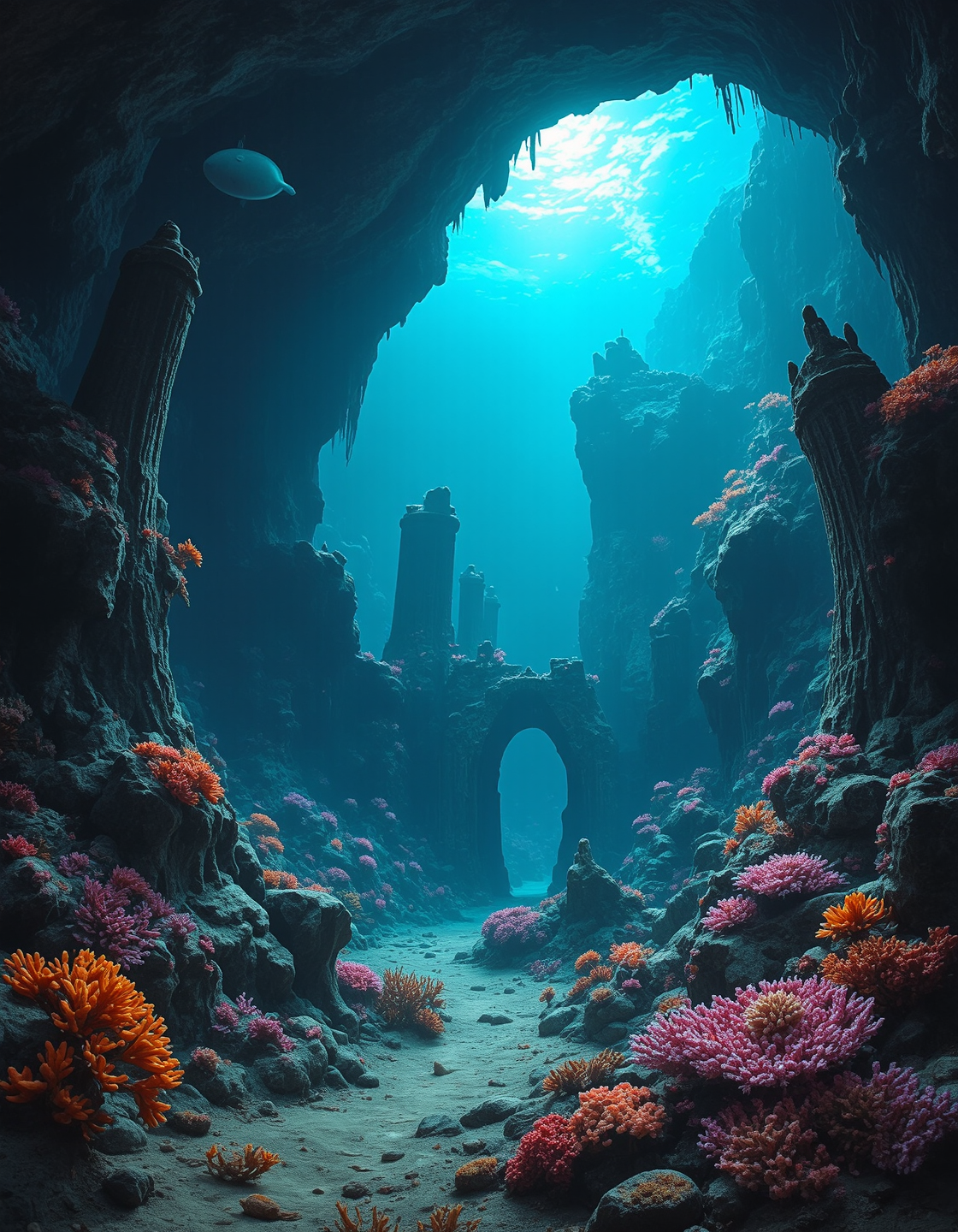 Imagine an image of an underwater cave filled with glowing coral, mysterious ruins, and strange aquatic life.
