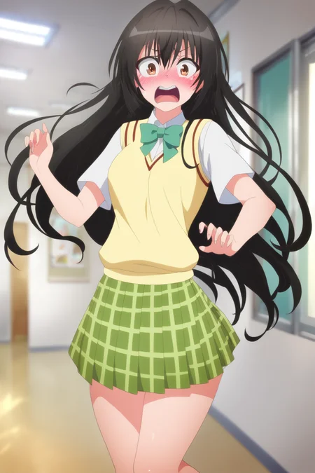 score_9, score_8_up, score_8, ,,, 1girl, solo, long hair, looking at viewer, blush, skirt, shirt, black hair, bow, brown eyes, school uniform, white shirt, short sleeves, pleated skirt, plaid, plaid skirt, green skirt, sweater vest, shocked, embarrassed, ,,, looking at viewer, cowboy shot, ,,, <lora:ToLoveRu_Style_PDXL:1.0>,