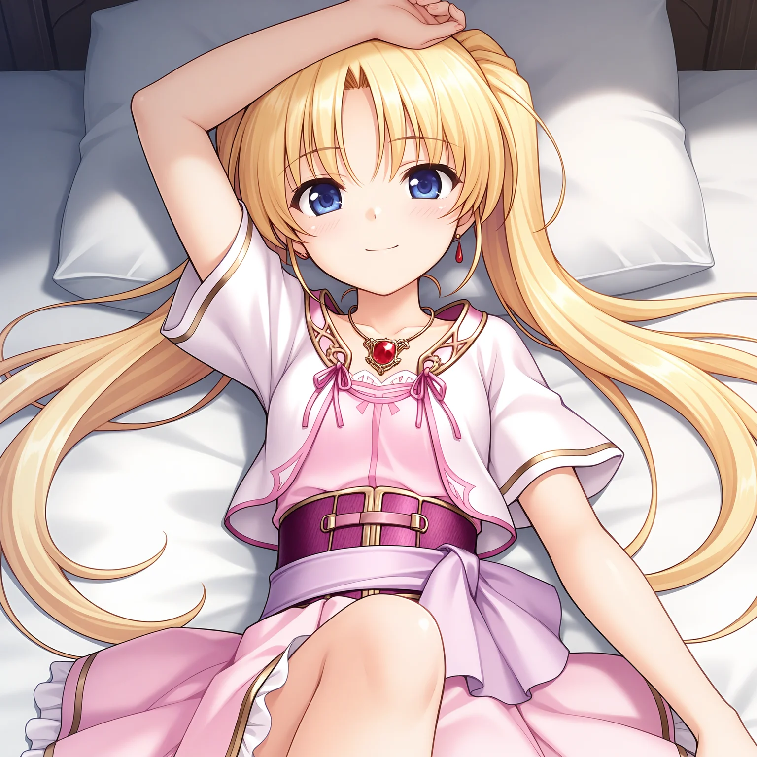 <lora:Licia_de_novus_Yurii_1_nai-000038:1>,Licia de novus Yurii,twintails,
pink dress,red gemstone,gold trim,corset,frilled dress,short sleeves,sash,cropped jacket,white jacket,pendant,
BREAK
1girl,solo,smile,on bed,lying,on back,front view,looking at viewer,arm above head,straight-on,knee up,