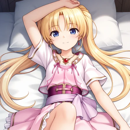 <lora:Licia_de_novus_Yurii_1_nai-000038:1>,Licia de novus Yurii,twintails,
pink dress,red gemstone,gold trim,corset,frilled dress,short sleeves,sash,cropped jacket,white jacket,pendant,
BREAK
1girl,solo,smile,on bed,lying,on back,front view,looking at viewer,arm above head,straight-on,knee up,