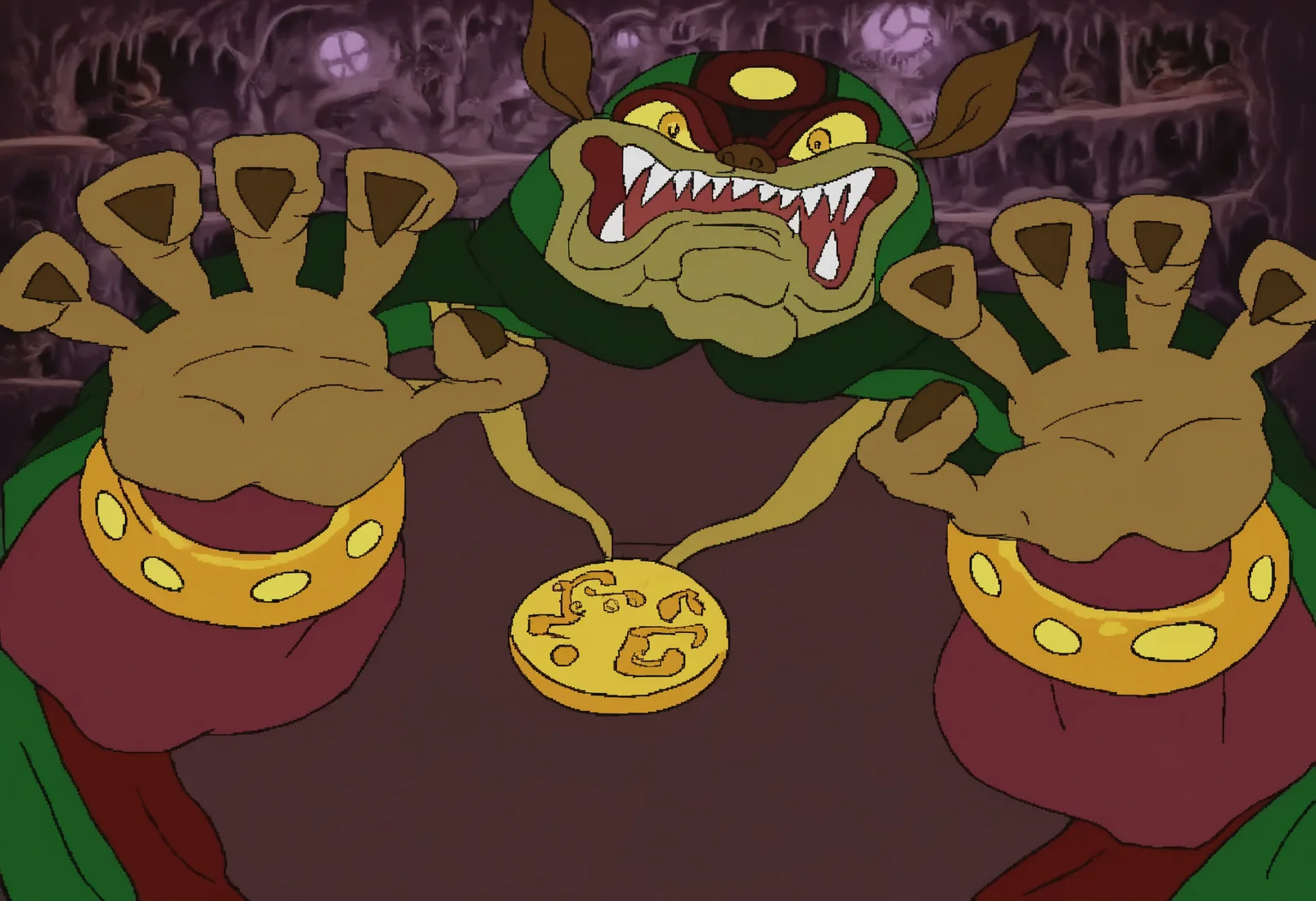 <lora:cdi-style_vpred-noobaiv10_:1>, cdi style, indoors, flat colors, solo, 1boy, male, male focus, teeth, open mouth, bracelet, upper body, no humans, colored sclera, jewelry, colored skin, fangs, yellow sclera, ganon, green cape, pig man, horns, furry male, furry, sharp teeth, monster, demon, yellow eyes, claw, hands up, 5 fingers, medallion, darkness, dark room, caveâââ