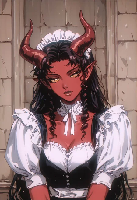 score_9, score_8_up, score_8, solo, pointy ears, demon horns, red skin, victorian maid, mansion, indoors, portrait, upper body, Vintage, 1990s \(style\)