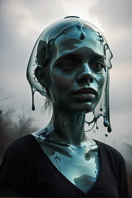 <lora:DonMGl00myN1gh7m4r3XL:1> DonMGl00myN1gh7m4r3XL, Dark, Cimmerian, Crepuscular, Dim, Dreary, Dusky, Eerie, Funereal, Gloomy, Murky, Obscure, Opaque, Penumbra, Sombre, Shadowy, Shady, Somber, Stygian, Tenebrous, Twilight, Umbral, score_9, score_8_up, score_7_up, score_6_up, score_5_up, score_4_up, <lora:K040790P:0.8> 040790P, woman, 24 years old, <lora:Breast Slider - Pony_alpha1.0_rank4_noxattn_last:0.3>, <lora:wizardslimev15-t:1> wizardslimus, slime skin, transparent head, transparent body, transparent hair, transparent face, transparent, slime girl