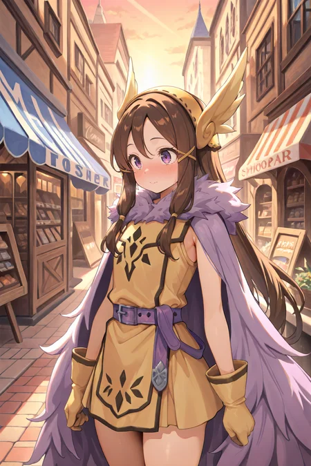 masterpiece, very aesthetic, absurdres, best quality, amazing quality, high resolution, newest, very awa, <lora:illustrious_quality_modifiers_masterpieces_v1:0.8> , <lora:ChamIllustriousBackgroundEnhancer:0.5>,  (solo),    <lora:ValkyrieYggdraIL:0.8> , valkdef, 1girl, purple eyes, brown hair, long hair, winged hairband, fur cloak, yellow tunic, purple belt, yellow gloves, cowboy shot, exterior, god rays, shops, town square,