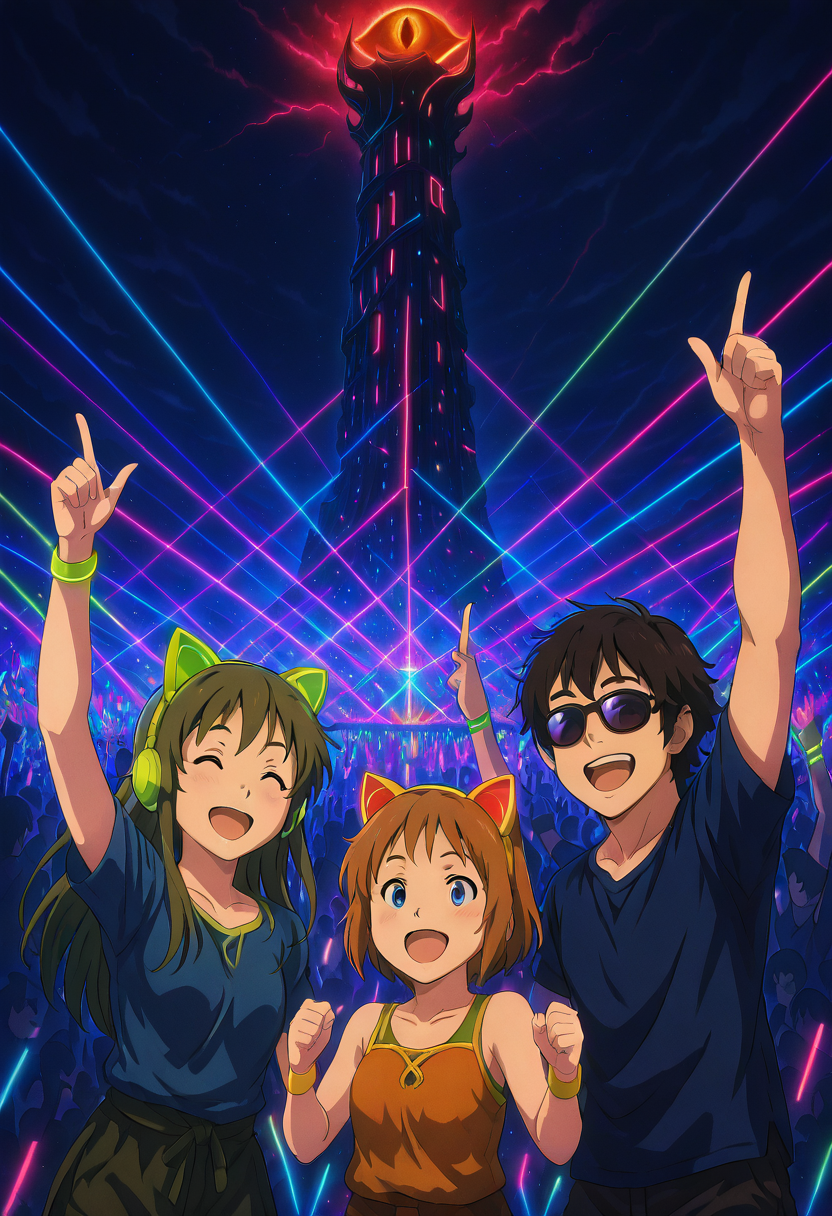 masterpiece, best quality,  L0rd0fTh3R4v3s, long hair, smile, short hair, open mouth, blue eyes, multiple girls, brown hair, shirt, 2girls, animal ears, jewelry, collarbone, closed eyes, short sleeves, :d, outdoors, green hair, multiple boys, cat ears, 3girls, arm up, bracelet, night, fake animal ears, ^ ^, headphones, sunglasses, tank top, blue shirt, pointing, t-shirt, building, wristband, night sky, index finger raised, tinted eyewear, tower, crowd, pointing up  ,<lora:SauronsRaveTower_IXL_v1:1.0>,