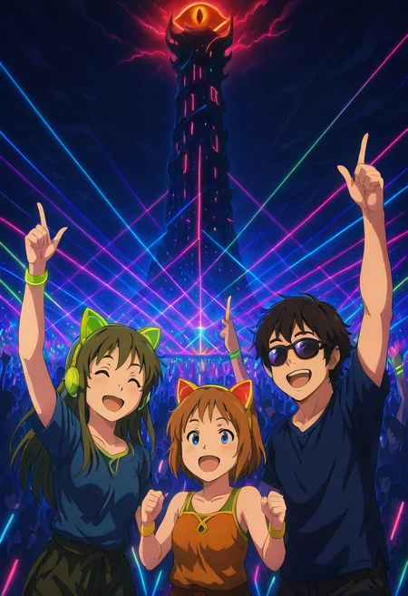 masterpiece, best quality, L0rd0fTh3R4v3s, long hair, smile, short hair, open mouth, blue eyes, multiple girls, brown hair, shirt, 2girls, animal ears, jewelry, collarbone, closed eyes, short sleeves, :d, outdoors, green hair, multiple boys, cat ears, 3girls, arm up, bracelet, night, fake animal ears, ^ ^, headphones, sunglasses, tank top, blue shirt, pointing, t-shirt, building, wristband, night sky, index finger raised, tinted eyewear, tower, crowd, pointing up ,<lora:SauronsRaveTower_IXL_v1:1.0>,