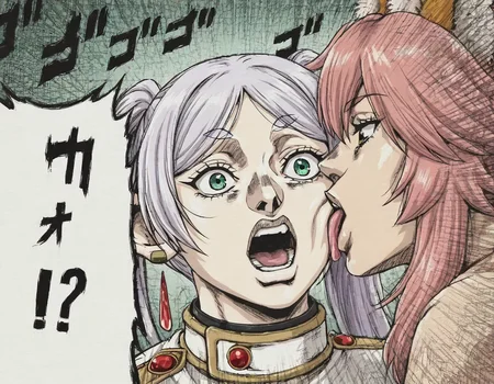 <lora:illustriousXLv01_stabilizer_v1.185_1:0.8>2girls,tamamo \(fate\),frieren,menacing \(jojo\),upper body,araki hirohiko \(style\),surprised,licking cheek,taste of a liar \(meme\),masterpiece,