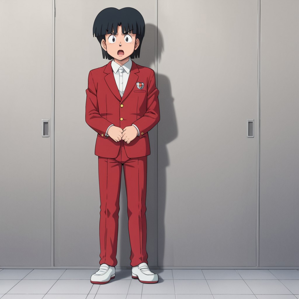 1boy, solo, Dai Monohoshi, black hair, black eyes, red school uniform, gakuran, red pants, white shoes, open mouth, full body, shy, standing, school, front view