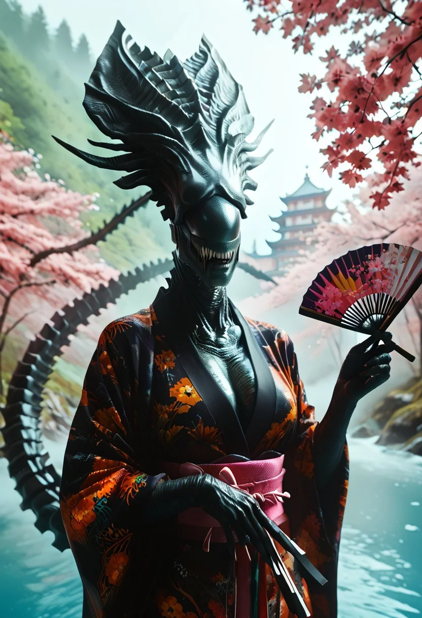 score_9, score_8_up, score_7_up, 1girl, solo, colored skin, muscular female, black skin, no eyes, tail, monster, upper body, teeth, sharp teeth, (holding, colorful japanese folding fan:1.4), wearing kimono, japanese cherry trees japanese castle background, 3D, HD,