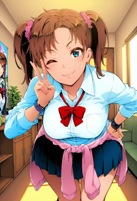 source_manga, best quality,masterpiece, Master piece, illucinemic lighting, shinozuka_yuuji's style, indoors, living room, cosy room, golden hour, plants, posters, 1girl, young girl, brown hair, twintail, blue eyes, School uniform, red bowtie, hair ornament, clothes around waist, skirt, standing, leaning forward, wink, V, school room,
