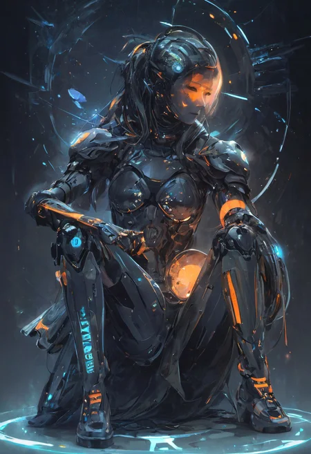 ((masterpiece, best quality, extremely detailed, absurdres)),(fantasic illustration, dynamic lighting), a beautiful goth girl sits with her guardian robot. she summons her magic as streaks of glowing light orbit her, (full body), 1girl, artistic use of contrasting colours and brightness, beautiful face, (interesting camera angle:1.2), <lora:flat2:-1.8>, 8k, very fine detail, cinematic composition and lighting