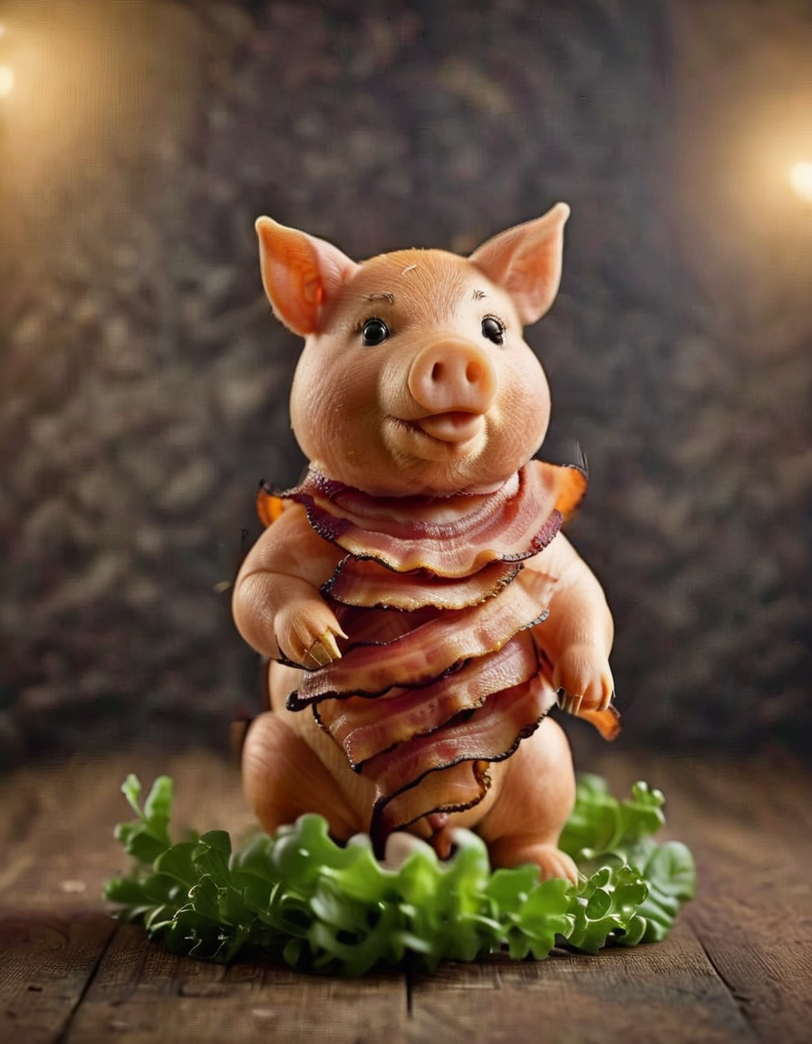 Food photography style realistic, standing, bacon, no humans, blurry background, food, meat, black eyes, lettuce, mushroom, intricate, highly detailed, cinematic, directed, extremely, beautiful, structured, rich, artistic, pure, deep color, very handsome, striking, stunning, gorgeous, epic, great romantic, dramatic, breathtaking, elegant, creative, awesome, best, massive
 <lora:BaconXL-000009:1>, , <lora:FILM_PHOTOGRAPHY_STYLE:0.25> . Appetizing, professional, culinary, high-resolution, commercial, highly detailed