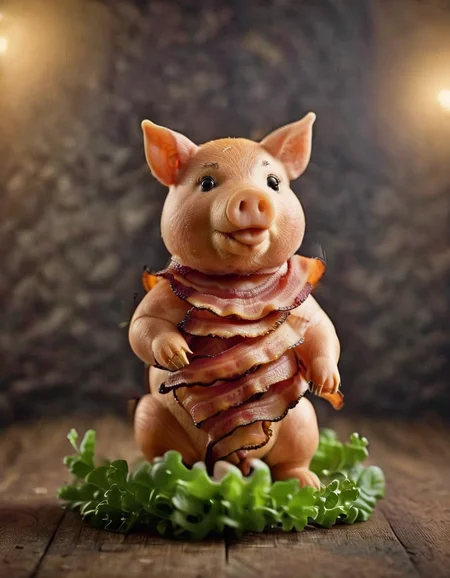 Food photography style realistic, standing, bacon, no humans, blurry background, food, meat, black eyes, lettuce, mushroom, intricate, highly detailed, cinematic, directed, extremely, beautiful, structured, rich, artistic, pure, deep color, very handsome, striking, stunning, gorgeous, epic, great romantic, dramatic, breathtaking, elegant, creative, awesome, best, massive
<lora:BaconXL-000009:1>, , <lora:FILM_PHOTOGRAPHY_STYLE:0.25> . Appetizing, professional, culinary, high-resolution, commercial, highly detailed