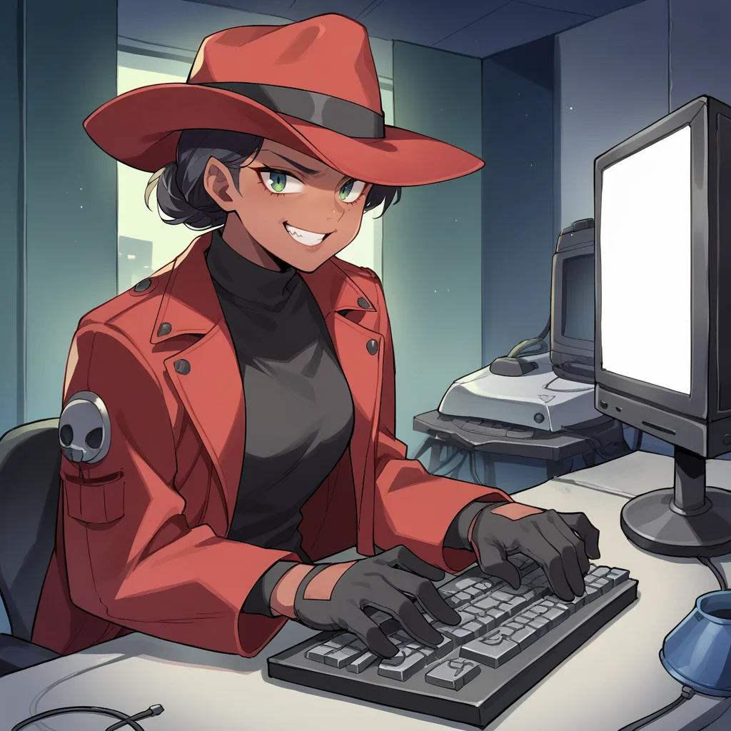score_9, score_8_up, score_7_up, score_6_up, score_5_up, score_4_up, zPDXL2,source_anime,rating_questionable, 1girl, solo, <lora:Typing:0.7> typ1ng, sitting, keyboard (computer), monitor, indoors, thief, red coat, red fedora, tanned skin, black gloves, hacker, black turtleneck, smirk, standing, dark, night, shadows