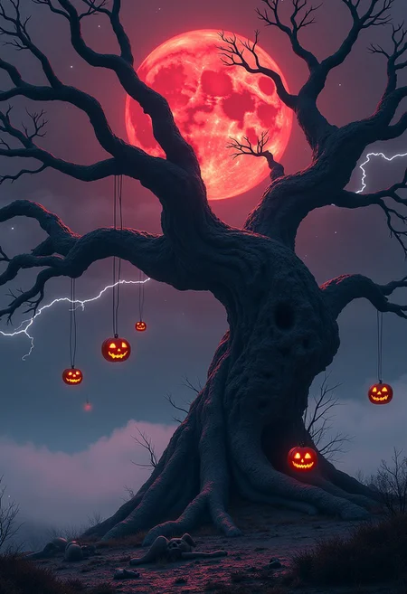 A massive, ancient tree with gnarled, twisted black branches sprawling out like skeletal fingers. Skulls with glowing eye sockets and sinister jack-o-lanterns, each carved with malevolent expressions, hang from the branches, swinging gently in the cold, eerie breeze. The sky above is a stormy mix of purple and grey clouds, pierced by a massive blood-red moon, casting a ghostly red glow over the entire scene. Fog creeps low across the ground, swirling around the base of the tree where scattered bones and rotting leaves rest on the damp earth. Flickers of lightning occasionally illuminate the landscape, adding to the foreboding atmosphere. A sense of eerie stillness lingers in the air, broken only by the rustle of wind through the dead branches. The moonlight highlights the tree's bark, revealing faces carved into the wood, twisted in silent screams. The glowing jack-o-lanterns cast soft, flickering light, creating ominous shadows that dance across the ground. High resolution, cinematic lighting, hyper-detailed, breathtakingly spooky, with a subtle yet chilling Halloween theme