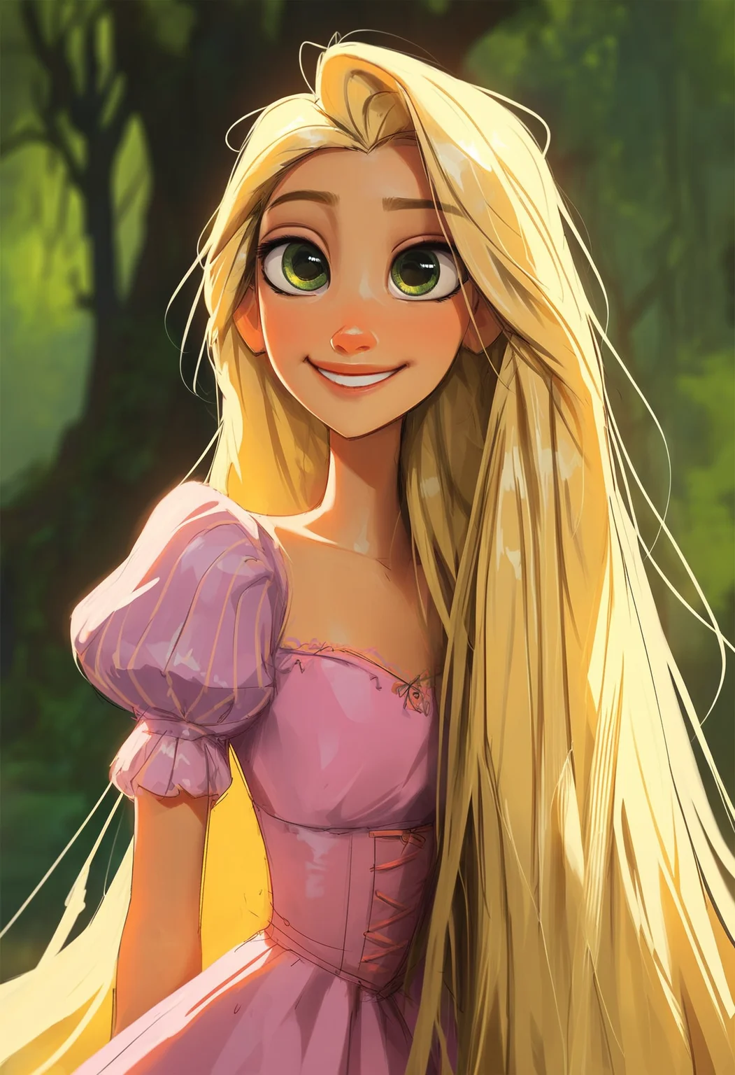 score_9, score_8_up, score_7_up, <lora:S4MY4NG-Latest:1>, S4MY4NG, 1girl, rapunzel from rapunzel, 1girl, blonde hair, long hair, smile, puffy sleeves, pink dress, absurdly long hair, blonde hair, green eyes, square neckline