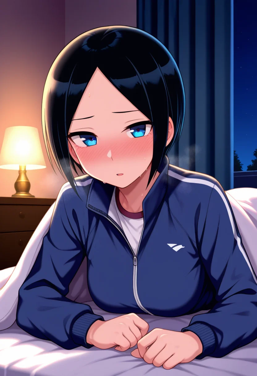 masterpiece, best quality, amazing quality, 1girl, solo, eriww, blue eyes, black hair, short hair, parted bangs, medium breasts, track jacket, track suit, track pants, <lora:Eri_Todo_Iitai_Koto_wa_ill_v21:0.9>, lying, on bed, on stomac, sweat, heavy breathing, steaming body, looking at viewer, blush, embarrassed, parted lips, indoors, night, curtains, bedroom, bed sheet, lamp, blanket, skindentation, detailed clothing folds, depth of field, sharp, high contrast, dynamic light