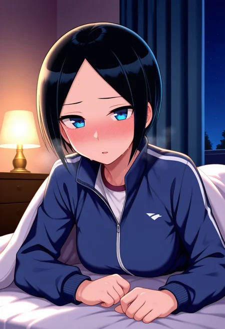 masterpiece, best quality, amazing quality, 1girl, solo, eriww, blue eyes, black hair, short hair, parted bangs, medium breasts, track jacket, track suit, track pants, <lora:Eri_Todo_Iitai_Koto_wa_ill_v21:0.9>, lying, on bed, on stomac, sweat, heavy breathing, steaming body, looking at viewer, blush, embarrassed, parted lips, indoors, night, curtains, bedroom, bed sheet, lamp, blanket, skindentation, detailed clothing folds, depth of field, sharp, high contrast, dynamic light