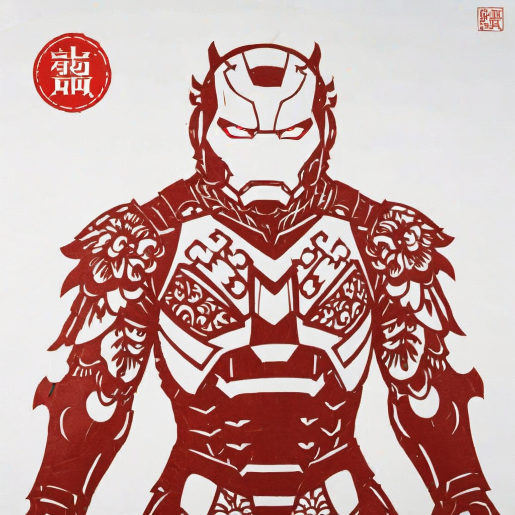 The image is a traditional Chinese paper-cut art piece, predominantly in red and white. In the center, Iron Man is portrayed with remarkable detail in the iconic armored suit, where the paper-cut technique creates an intricate, layered effect. The suit's design is captured in red, offering a striking contrast against the white background. The helmet, with its sleek lines and glowing eyes, is particularly emphasized, showing off the meticulous patterns that mimic traditional Chinese motifs. This fusion of modern superhero imagery with classical Chinese artistry creates a unique and visually compelling piece, <lora:cn_paper_cut:0.8>