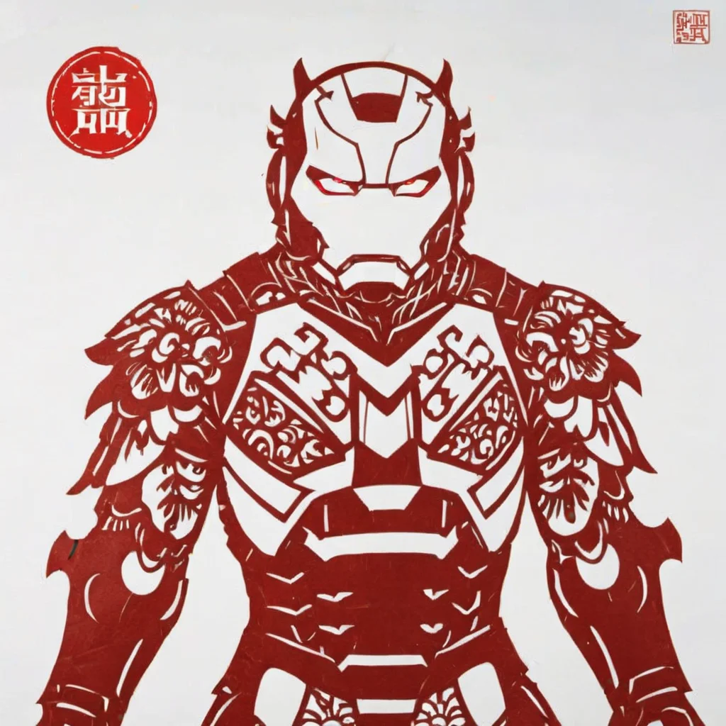 The image is a traditional Chinese paper-cut art piece, predominantly in red and white. In the center, Iron Man is portrayed with remarkable detail in the iconic armored suit, where the paper-cut technique creates an intricate, layered effect. The suit's design is captured in red, offering a striking contrast against the white background. The helmet, with its sleek lines and glowing eyes, is particularly emphasized, showing off the meticulous patterns that mimic traditional Chinese motifs. This fusion of modern superhero imagery with classical Chinese artistry creates a unique and visually compelling piece, <lora:cn_paper_cut:0.8>