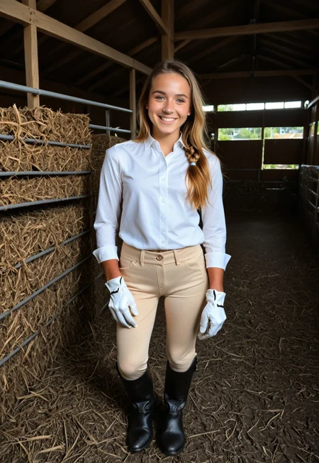 safe_pos, score_9, score_8_up, score_7_up, 1girl, (barn with lush green countryside:1.9), (18 year old female standing in front of barn:1.7), (detailed skin, realistic skin:1.8), (gorgeous dutch girl, cute smile:1.5), (perfect braided hair, blonde hair:1.6), (petite body, toned legs, thigh gap, small perky tits:1.5), <lora:ridingOutfitPony:1.0>, (wearing white gloves, white shirt, boots, long sleeves, beige leather pants:1.8), (cute smile:1.2), (blushing:0.9), BREAK (low-key lighting, dramatic shadows and subtle highlights:1.1), amateur photo, realistic lighting, photo, photorealistic, intricate detail, real, beautiful, confident, elegant, pure, Tower13_Tammy, realistic, y0uthful