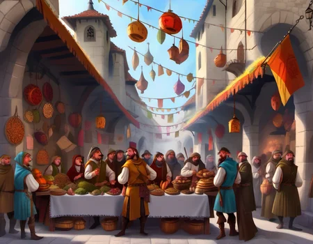 A Medieval Market, Market Square, Merchants and Traders, Exotic Spices, Textiles and Fabrics, Potion Sellers, Bakers and Bakeries, Street Performers, Banners and Flags, Crowded Streets, Bargaining, Colorful Wares, sharp focus, detailed, sub surafce scattering, glow, dust, volumetric light <lora:TOONER_1_RC:0.9>