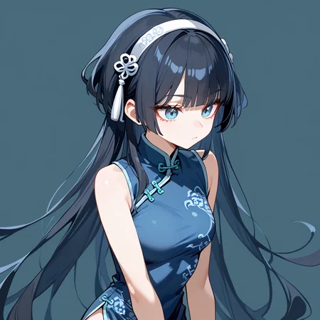 score_9, score_8_up, score_7_up, simple background,
1girl, jfcut, long hair, china dress, hairband, 
 <lora:jellyfish_haircut_pony_v1:0.5>