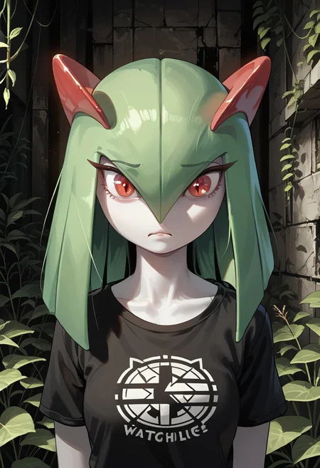 (((Kirlia))), female, anthro, pale white skin, score_9,score_8_up,score_7_up, masterpiece, best_quality, ultra-detailed, masterpiece, 1girl, solo, kirlia, very long hair, red eyes, afraid, perfect face, thick eyeliner, hourglass body, high quality, low light, dramatic lighting, darkness, intricate details, portrait, ((face focused)), wearing ripped dirty black t-shirt, detailed background, post-apocalypse background, ruined house, overgrown with plants, (perfect eyes:1.3,((cat pupils))),dvr-lnds-sdxl, combinestyle