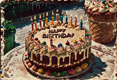 35mm Vintage photo of an ais-bday cake, (text 'Happy Birthday') on a table with ice cream, on back terrace in the bright midday sunlight
