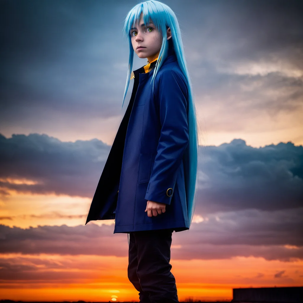 masterpiece, (photorealistic:1.4), best quality, beautiful lighting, wide view, haft body portrait of a guy, rimuru tempest, (blue coat), {1boy|1girl}, long blue hair, long face, (yellow eyes), sunset, clouds, cyberpunk, RAW photo, 8k uhd, film grain <lora:rimuru tempest NED:0.55>
