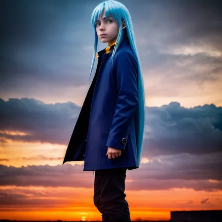 masterpiece, (photorealistic:1.4), best quality, beautiful lighting, wide view, haft body portrait of a guy, rimuru tempest, (blue coat), {1boy|1girl}, long blue hair, long face, (yellow eyes), sunset, clouds, cyberpunk, RAW photo, 8k uhd, film grain <lora:rimuru tempest NED:0.55>
