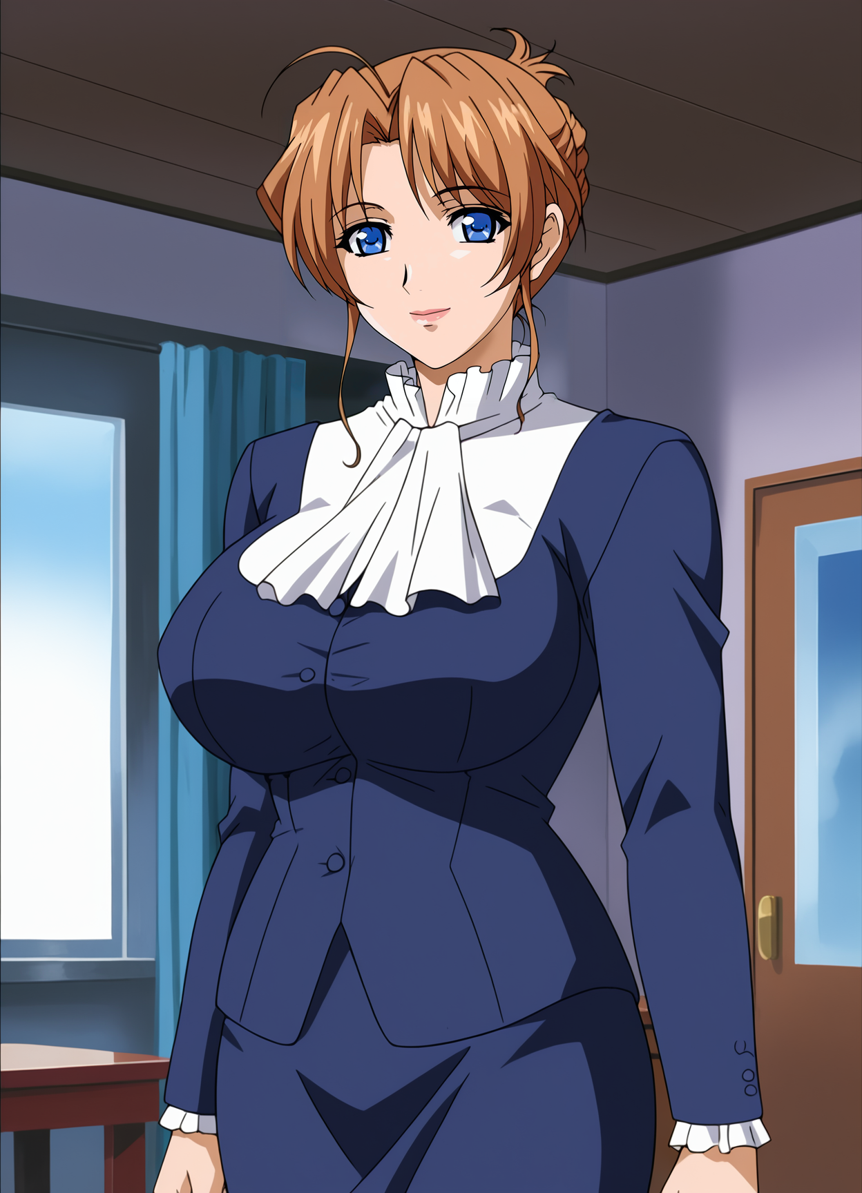 <lora:Tomoe-Futago_no_Haha_Seihonnou:0.9>,mm,mature female,1girl,solo,brown hair,blue eyes,large breasts,formal, cowboy shot,looking at viewer,indoors,smile
