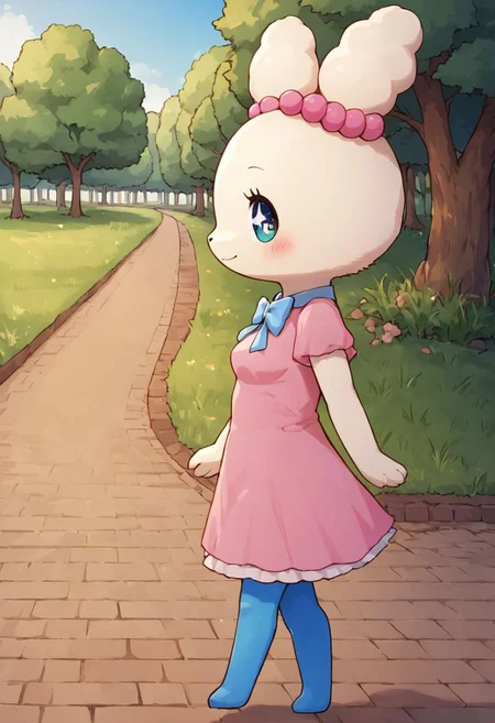 score_9, score_8, score_7_up, score_6_up, source_furry, source_anime, Tamagotchi, Lovelitchi, ear beads, solo, white fur, pink dress, blue bow, anthro, breasts, blue pantyhose, walking in the park, nature, grass, walking, blush, sparkling eyes, no nose, solo, thighs, detailed, tree, blue sky, park, flowers, cowboy shot, happy, masterpiece, angled, three quarter side view, closed mouth, from above, looking at viewer
