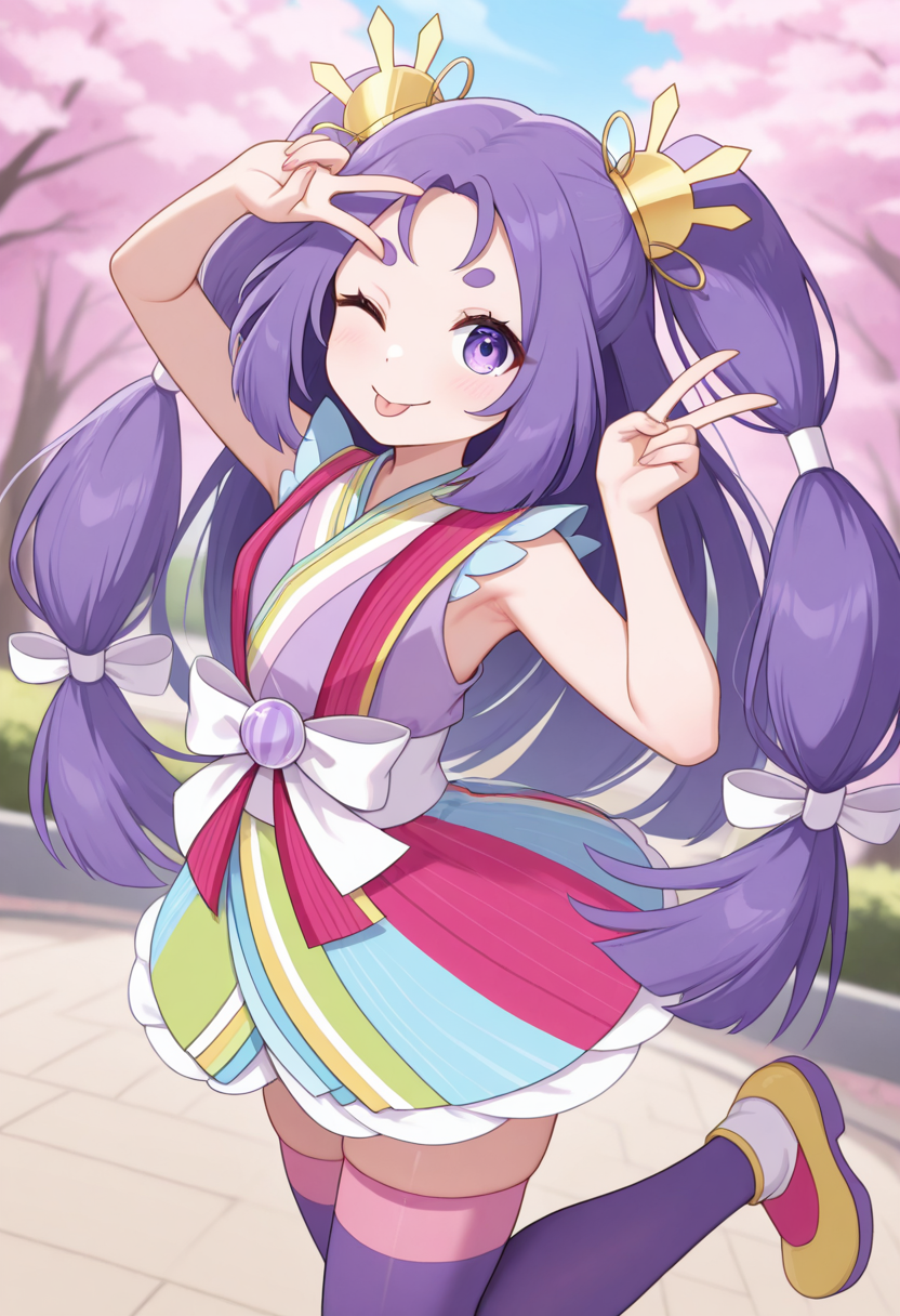 1girl,solo,<lora:irohappnil-000010:0.9>,iroha_ppn,purple eyes,purple hair,long hair,twintails,short eyebrows,thick_eyebrows,hair ornament,low-tied long hair,kimono,japanese clothes,sleeveless,multicolored clothes,purple thighhighs,white obi,looking_at_viewer,cowboy_shot,dynamic_angle,smile,wink,;p,standing_on_one_leg,yellow shoes,leg up,v,armpits,park,cherry blossoms,incredibly absurdres,masterpiece,best quality,good quality,newest,