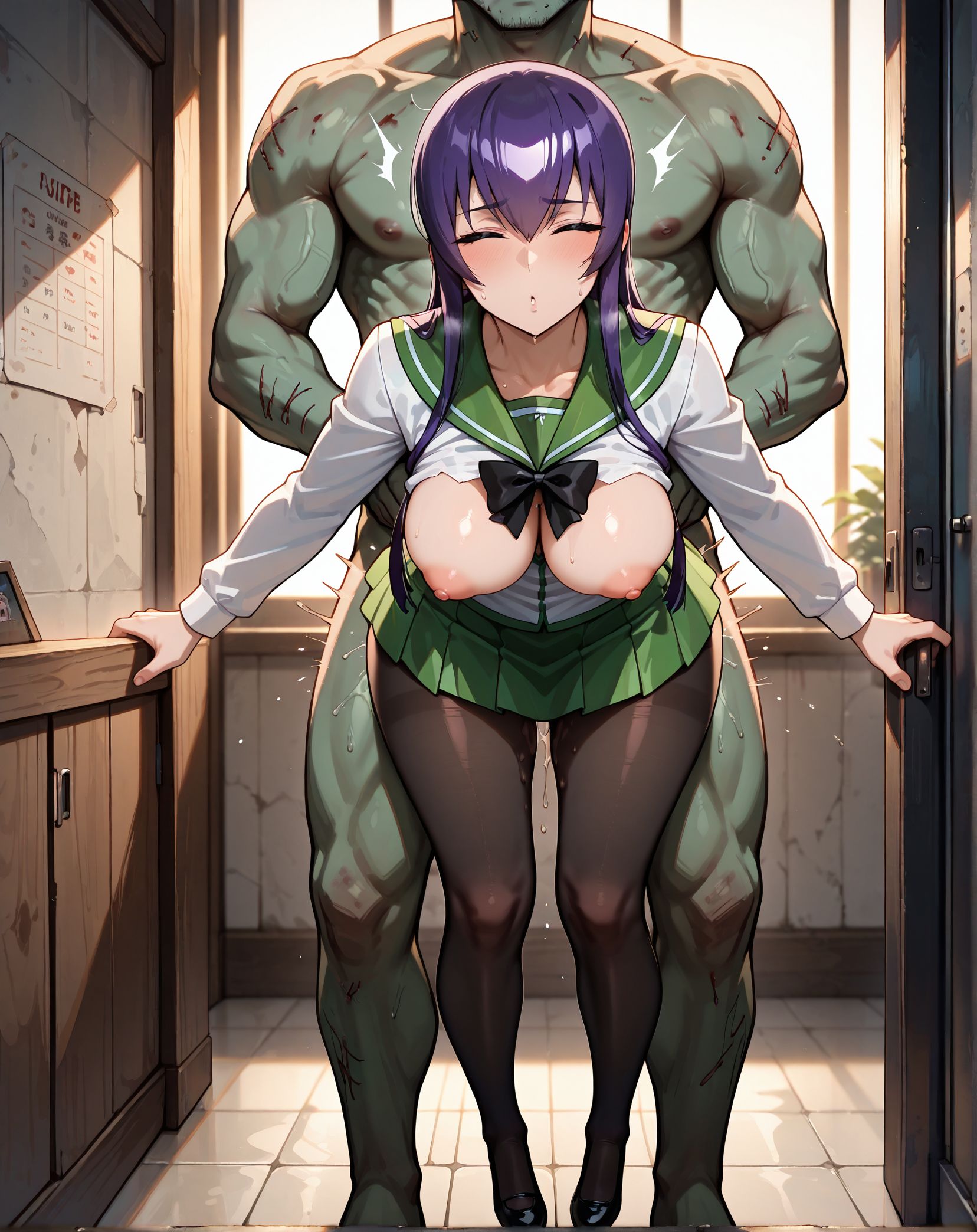 masterpiece,best quality,amazing quality,very aesthetic,absurdres,newest, huge filesize,
<lora:spo_sdxl_10ep_4k-data_lora_webui:0.5>,
<lora:add-detail-xl:1>
1girl, hetero, 
 zombie,green skin male,1monster,
<lora:Dangling_sex:0.7>
 Dangling sex,
(front view, looking at viewer, facing viewer:1.4), 
dangling legs doggy,
nipples,
sex,nude,
standing sex,
standing,sex from behind,
BREAK
Busujima Saeko,school uniform, pantyhose,  miniskirt,  highschool of the dead, 
school
tall, muscular male,