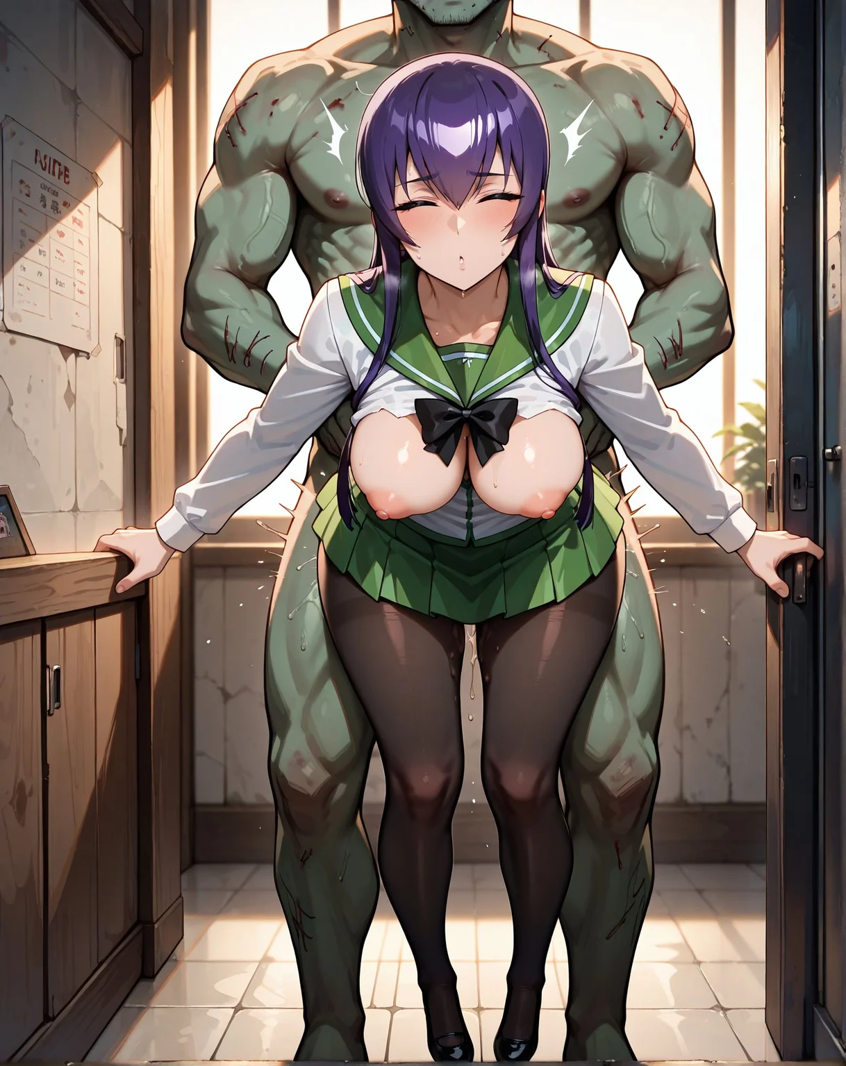 masterpiece,best quality,amazing quality,very aesthetic,absurdres,newest, huge filesize,
<lora:spo_sdxl_10ep_4k-data_lora_webui:0.5>,
<lora:add-detail-xl:1>
1girl, hetero,
zombie,green skin male,1monster,
<lora:Dangling_sex:0.7>
Dangling sex,
(front view, looking at viewer, facing viewer:1.4),
dangling legs doggy,
nipples,
sex,nude,
standing sex,
standing,sex from behind,
BREAK
Busujima Saeko,school uniform, pantyhose, miniskirt, highschool of the dead,
school
tall, muscular male,