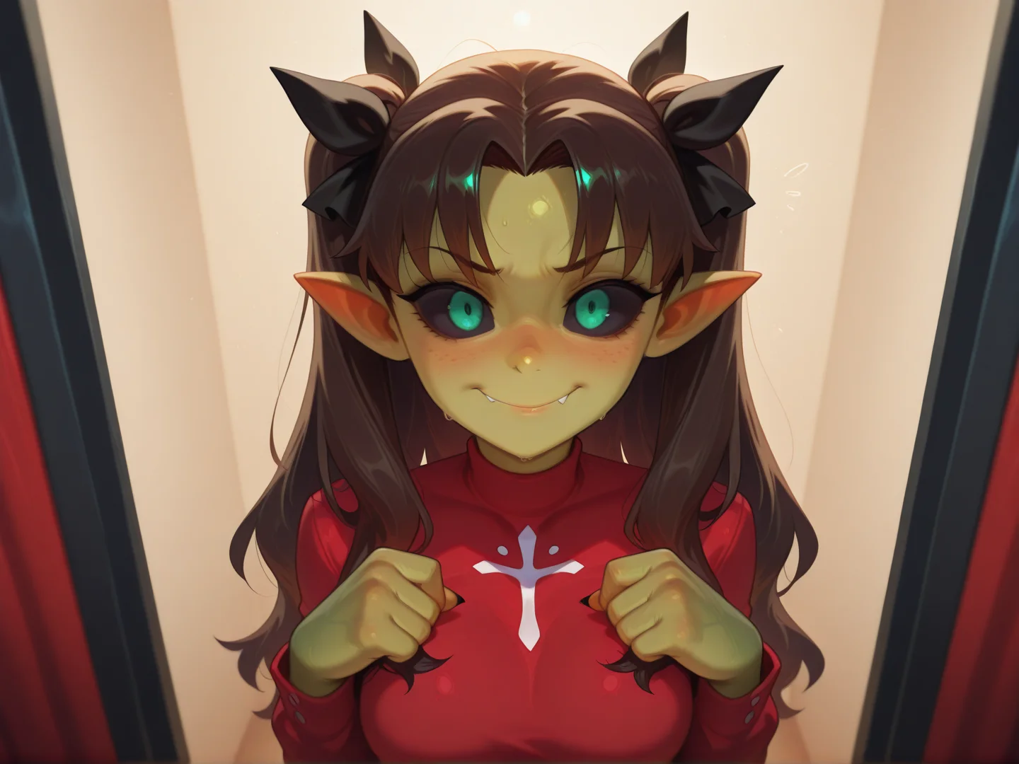 1girl, Rin Tohsaka, Fate/stay night
making out in a photo booth, clothes askew by the final picture
<lora:Darkfire_Deep_Gobbo:1> d33pgobbo, goblin girl, green skin, black sclera,