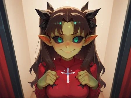 1girl, Rin Tohsaka, Fate/stay night
making out in a photo booth, clothes askew by the final picture
<lora:Darkfire_Deep_Gobbo:1> d33pgobbo, goblin girl, green skin, black sclera,