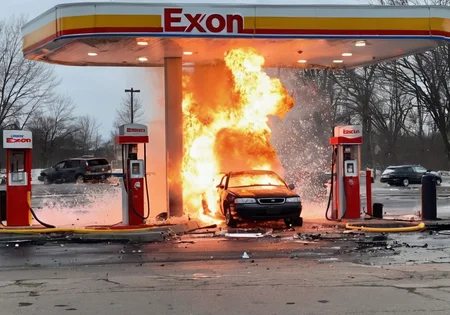 <lora:Explosion Artstyle - Trigger is Explosion Artstyle:1> Car crash into a gas pump at an Exxon gas-station in north Hartford . explosion artstyle