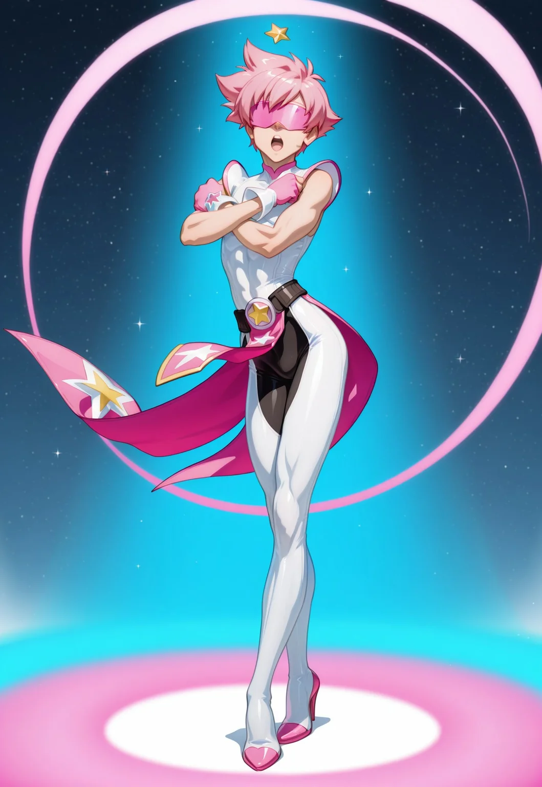 Masterpiece, best quality, male, man, very aesthetic, human, solo, slim body, dynamic pose, short pink hair, fantasy clothing, short hair, excited, asymmetrical black pants, tan skin, elaborate shortsword, magical boy, stars, white skin tight full body bodysuit, tight white pants that end in heels waistcape with pink lining, transparent Pink mask visor, sleeveless with bare arms showing, short gloves, revealing outfit
