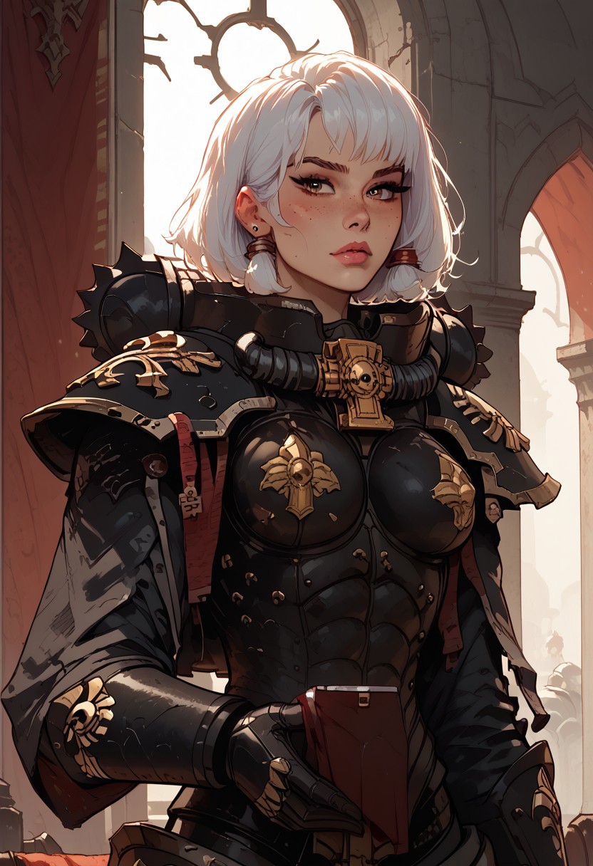 score_9, score_8_up, score_7_up, score_6_up, 
rating_explicit, cartoonish, Kaye_BP, 1 girl, solo, tall, muscular, beautiful, white hair, hair tubes, freckles, hazel eyes, large breasts, confident, proud, adepta sororitas, wh40k, battle sisters, power armor, black armor, pauldron, aesthetic, s1_dram,
gothic cathedral interior, sunset, glass stain window behind her, backlit
perfect human hands, feminine hands
Sororitas, s0r0r1t@s, power armour, armor, shoulder armor, power armor,close up shot