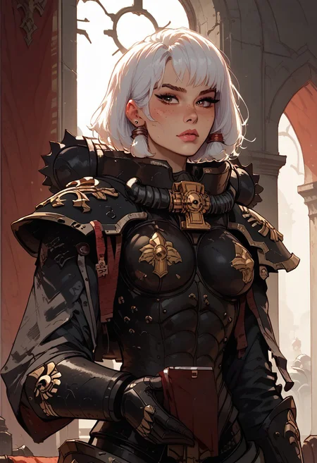 score_9, score_8_up, score_7_up, score_6_up,
rating_explicit, cartoonish, Kaye_BP, 1 girl, solo, tall, muscular, beautiful, white hair, hair tubes, freckles, hazel eyes, large breasts, confident, proud, adepta sororitas, wh40k, battle sisters, power armor, black armor, pauldron, aesthetic, s1_dram,
gothic cathedral interior, sunset, glass stain window behind her, backlit
perfect human hands, feminine hands
Sororitas, s0r0r1t@s, power armour, armor, shoulder armor, power armor,close up shot