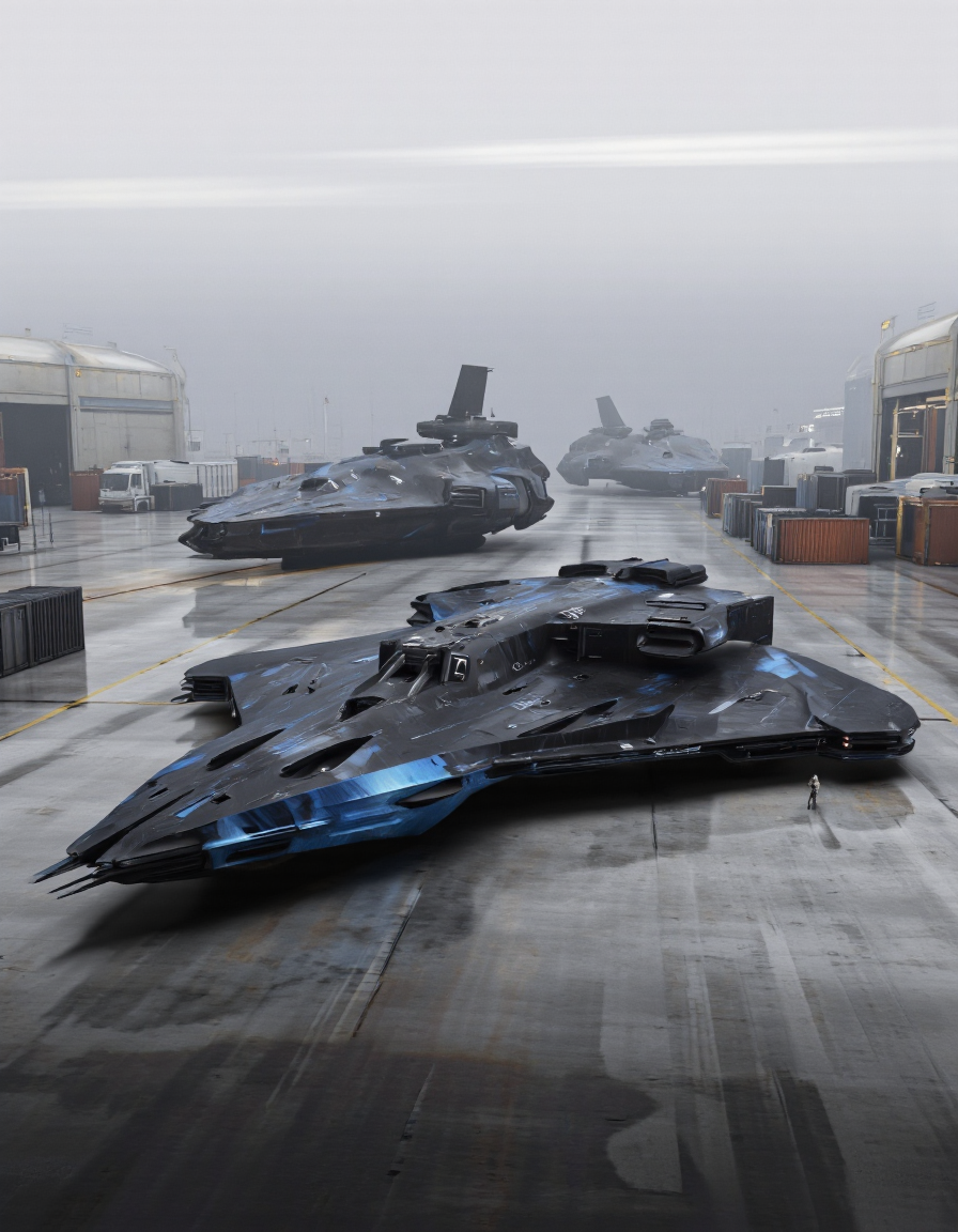 QuantumZ. A futuristic sci-fi scene featuring two large, sleek, black and blue spaceships in a hangar setting. the spaceships have a sleek, aerodynamic design with a pointed nose and a flat, angular shape, and are positioned in the center of the image. the hangar has a concrete floor with a reflective surface, and there are several cargo containers and trucks in the background. The sky is foggy, with a few streaks of light visible, and the overall atmosphere is industrial and futuristic. in the foreground, there is a person standing in front of one of the ships, adding a sense of mystery to the scene.