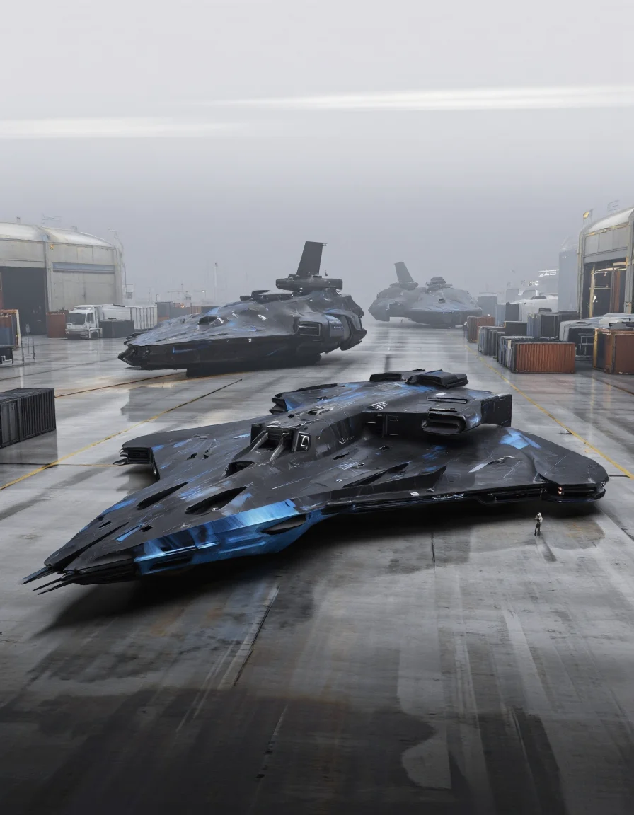 QuantumZ. A futuristic sci-fi scene featuring two large, sleek, black and blue spaceships in a hangar setting. the spaceships have a sleek, aerodynamic design with a pointed nose and a flat, angular shape, and are positioned in the center of the image. the hangar has a concrete floor with a reflective surface, and there are several cargo containers and trucks in the background. The sky is foggy, with a few streaks of light visible, and the overall atmosphere is industrial and futuristic. in the foreground, there is a person standing in front of one of the ships, adding a sense of mystery to the scene.