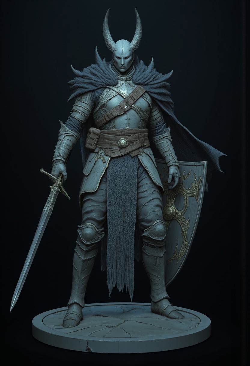 Standing in a hyper stanced extended action pose
A feathered knight with a cape, holding a templar shield, and a gladiator sword, wearing a praetorian helmet, rustic armor and leather sash
Set against a solid dark color background to emphasize its unsettling unnatural form that emphasizes its silhouette. The medium is not a traditional painting or illustrative medium like watercolor or ink but rather a digital 3D rendering.
MikeFranchinastyle, d4artstyle, d4concept, , bbstyle,, horror theme,, zbrush, ZBClay model of a gray sculpture, 1990's, 1990's style