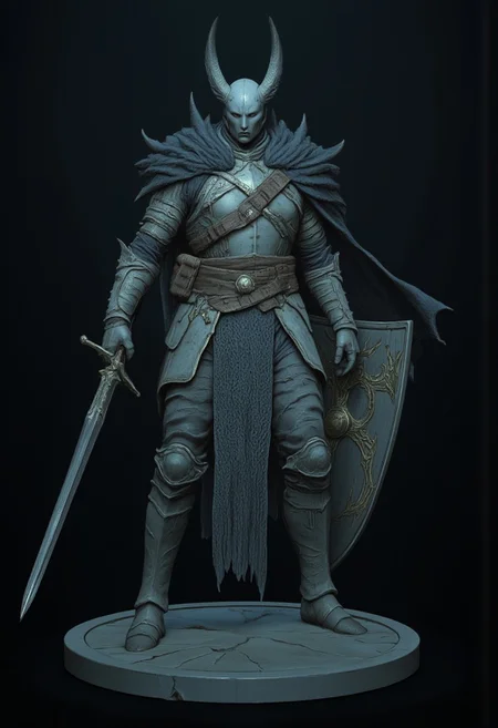 Standing in a hyper stanced extended action pose
A feathered knight with a cape, holding a templar shield, and a gladiator sword, wearing a praetorian helmet, rustic armor and leather sash
Set against a solid dark color background to emphasize its unsettling unnatural form that emphasizes its silhouette. The medium is not a traditional painting or illustrative medium like watercolor or ink but rather a digital 3D rendering.
MikeFranchinastyle, d4artstyle, d4concept, , bbstyle,, horror theme,, zbrush, ZBClay model of a gray sculpture, 1990's, 1990's style