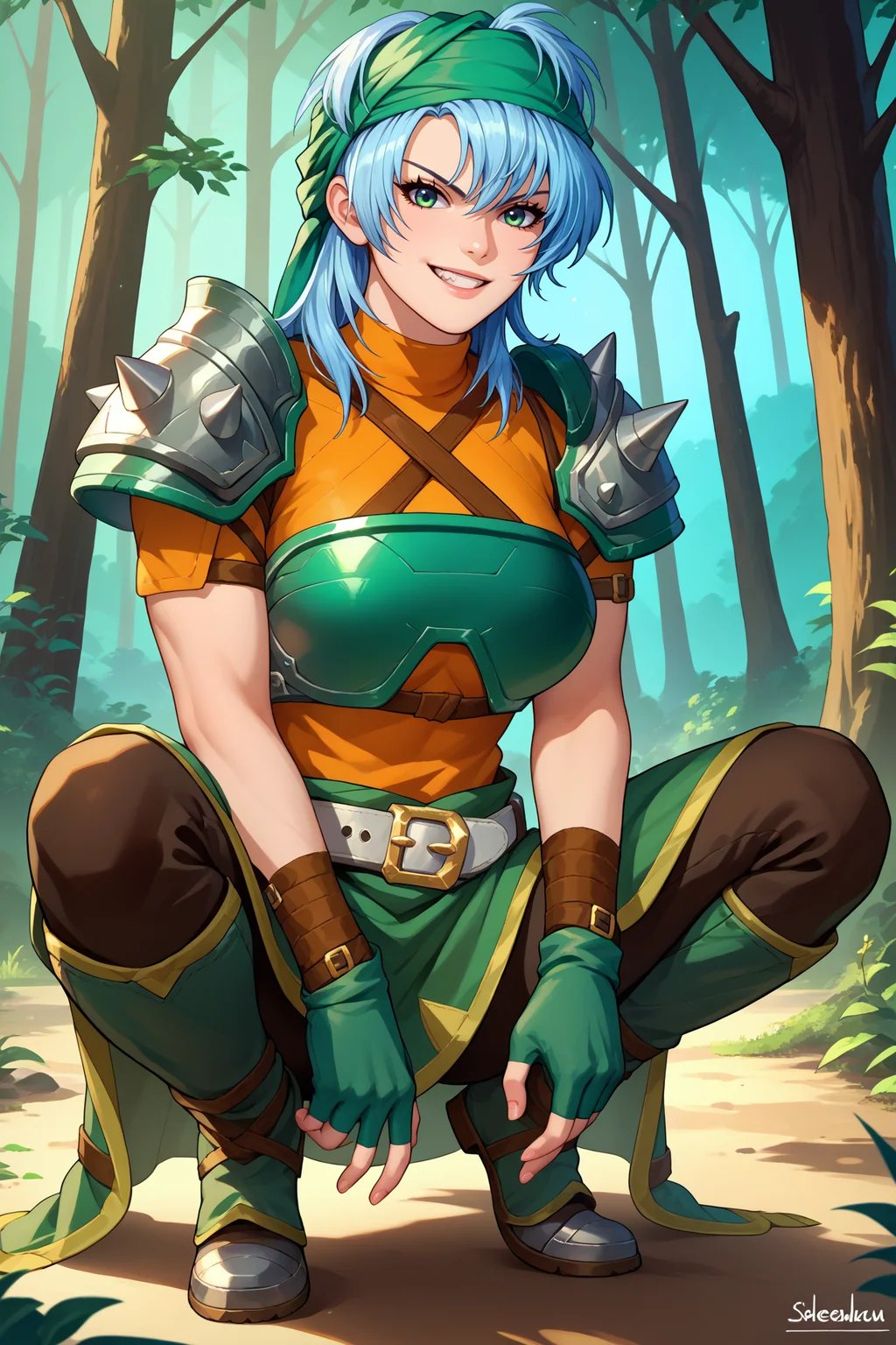 score_9, score_8_up, score_7_up, score_6_up, source_anime, 1girl, solo, <lora:feechidna-pdxl-nvwls-v1-000005:1> feechid, light blue hair, green eyes, green bandana, green armor, breastplate, shoulder armor, orange shirt, shoulder spikes, belt, green skirt, bracelet, green gloves, fingerless gloves, forest, fit, smirk, grin, looking at you, squatting, boots, forest, blue sky, big breasts