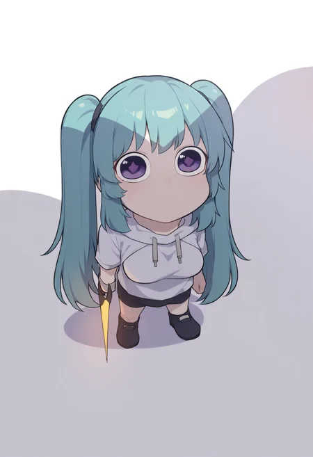 score_9, score_8_up, score_7_up, source_anime,
BREAK
<lora:privaty-nikke-richy-v1_pdxl:0.8>, privaty, yellow eyes, aqua hair, twintails, very long hair,
<lora:shiBoobShadowMemeV2Continue20th:1.0>,
1girl, solo, shingleshadowmeme, purple eyes,
wide-eyed, solid circle eyes, no mouth, closed mouth,
boob shadow, shadow,
looking up, standing, full body,
simple background, white background, chibi, meme,
giantess,