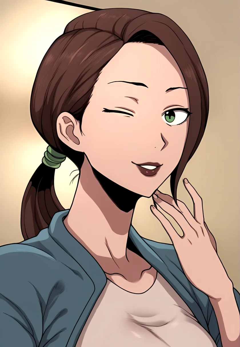 score_9,style by terasu mc BREAK <lora:mori-terasumc-xl:0.8>,mori_kaede_\(terasu_mc\),1girl,brown hair,ponytail,green eyes,cowboy shot,seductive smile,lips,one eye closed,